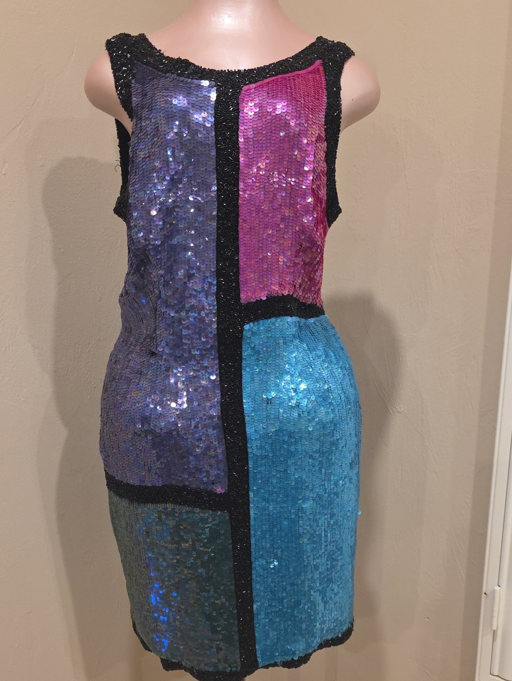 Vintage Stenay 100% Silk Sequin Colorblock Sheath Dress Multi Color Unique